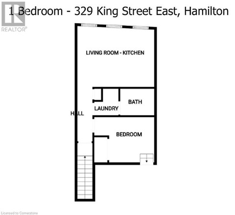 A floor plan of a 1 bedroom apartment at 329 King Street East, Hamilton.
