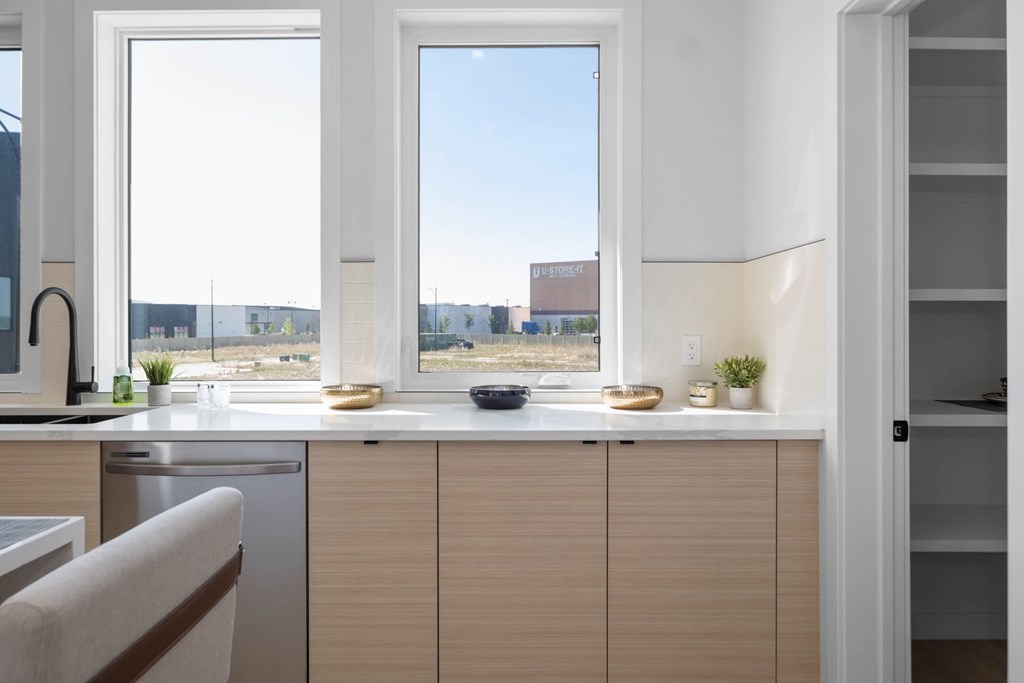 A kitchen with a stainless steel dishwasher and a white fridge.