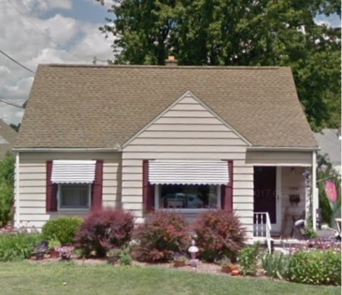 A small house with a brown roof and red shutters.