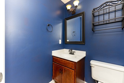 A bathroom with blue walls and a white sink.