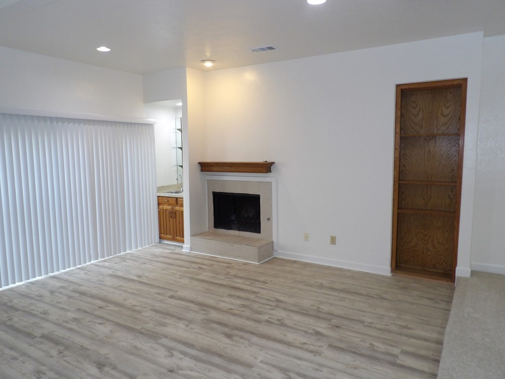 A living room with a fireplace and a wooden door.