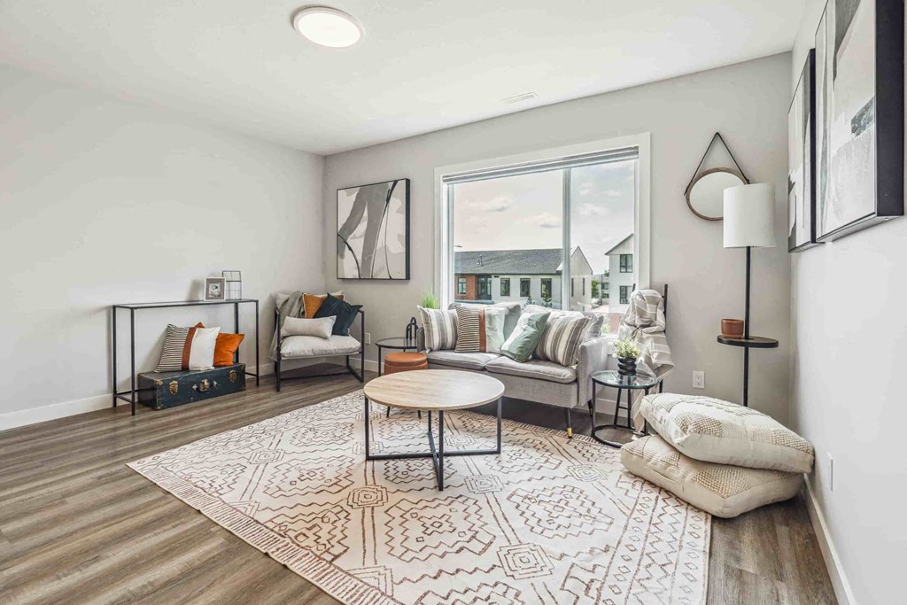 A living room with a couch, a coffee table, and a rug.