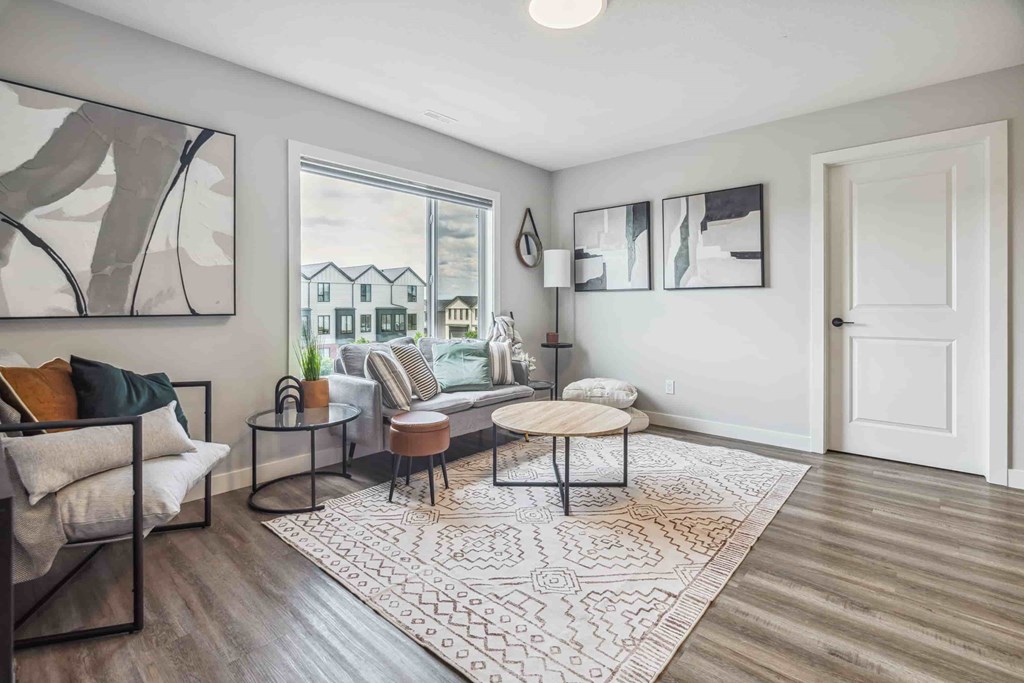 A living room with a sofa, a coffee table, and a rug.