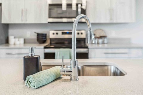A kitchen sink with a green towel and soap dispenser.