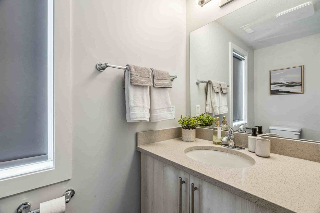 A bathroom with a white sink and a mirror.