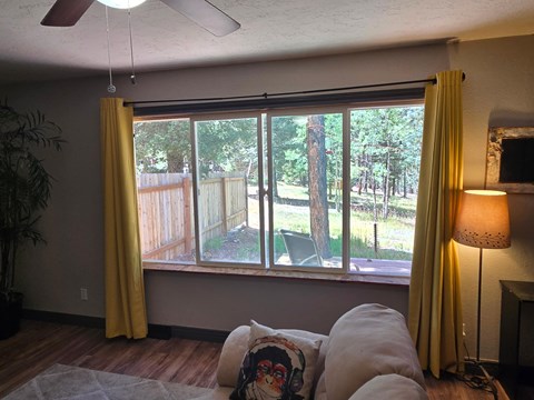 A living room with a couch and a fan.