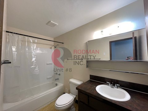 A bathroom with a toilet, sink, and mirror.