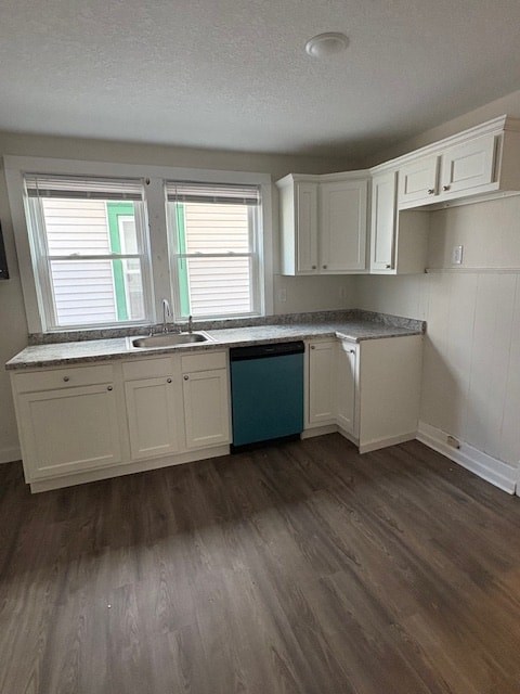 A kitchen with white cabinets and a blue dishwasher.