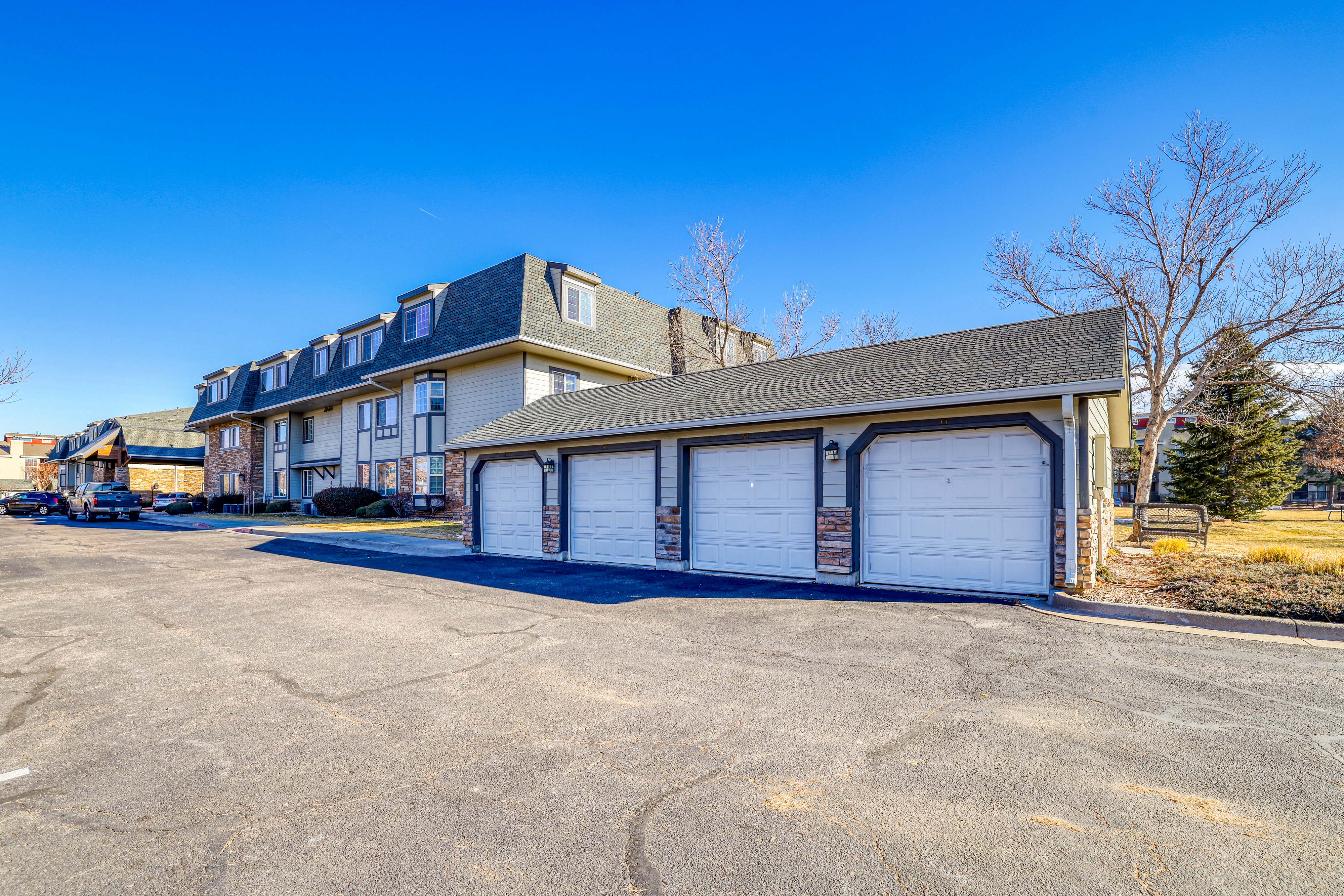 A large building with a garage door in front.