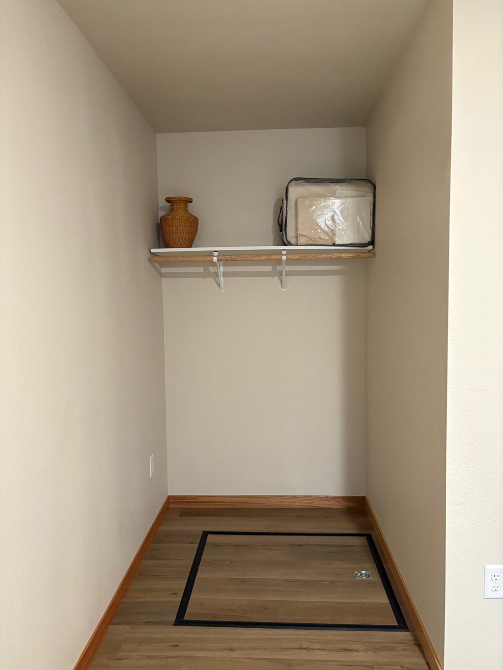 A small room with a shelf and a rug on the floor.