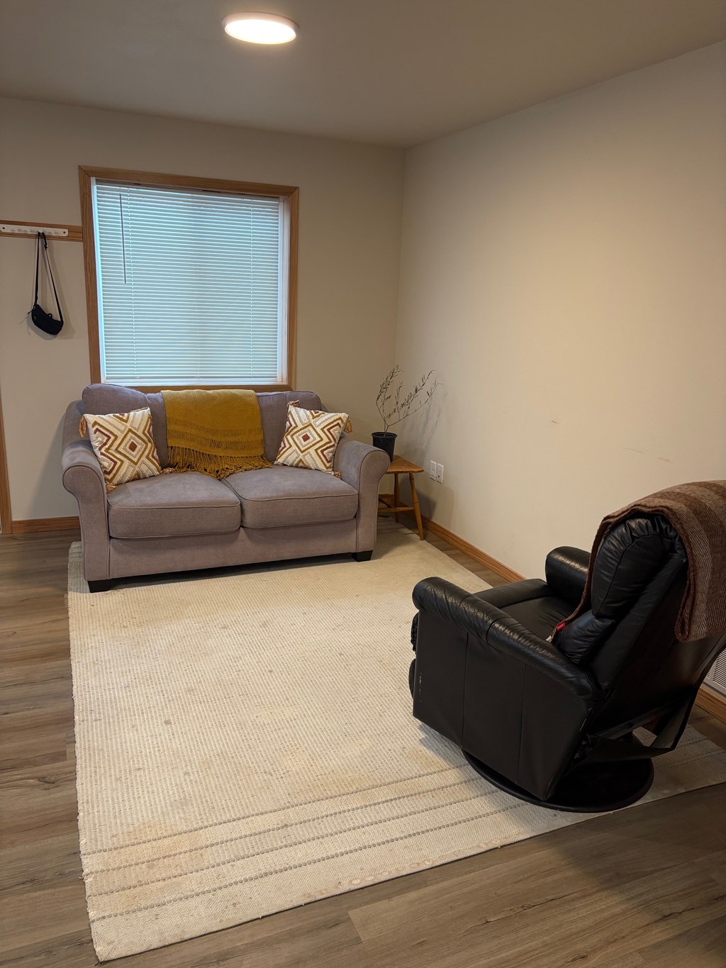 A grey couch with yellow pillows sits in a room with a black chair and a rug.