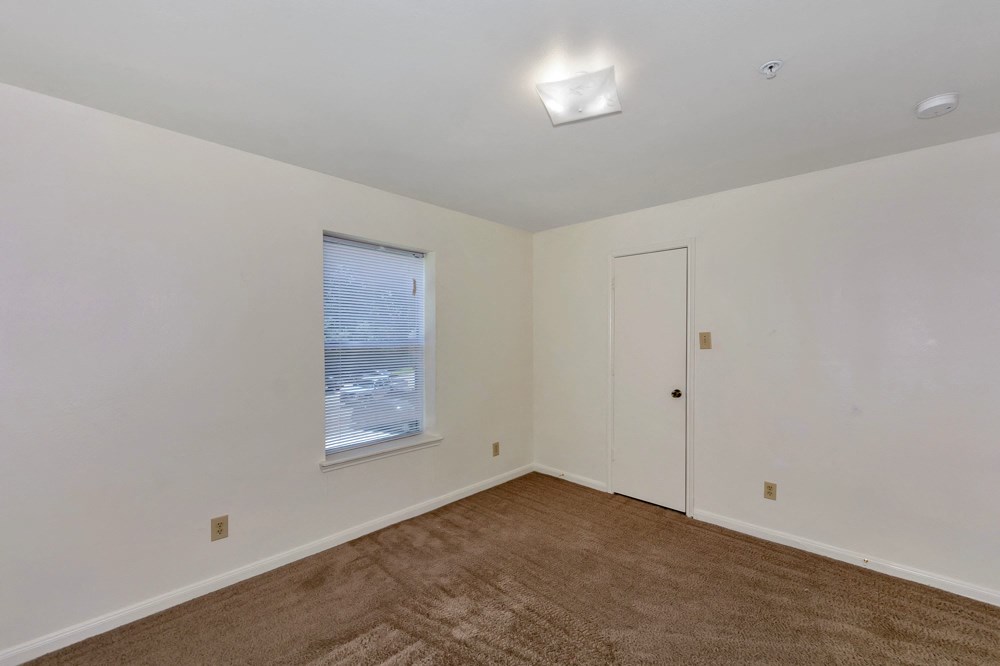 A room with a brown carpet and a white door.