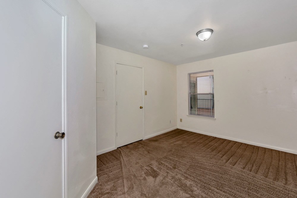 A room with a brown carpet and a window with bars.