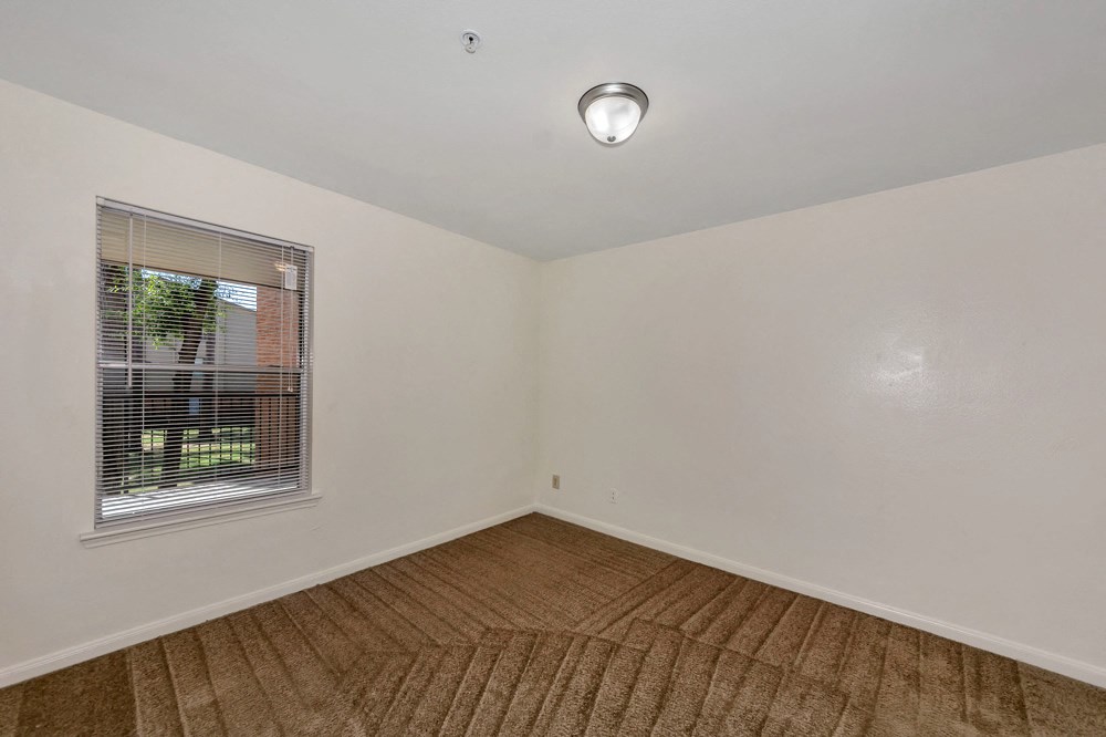 A room with a window and carpeted floor.