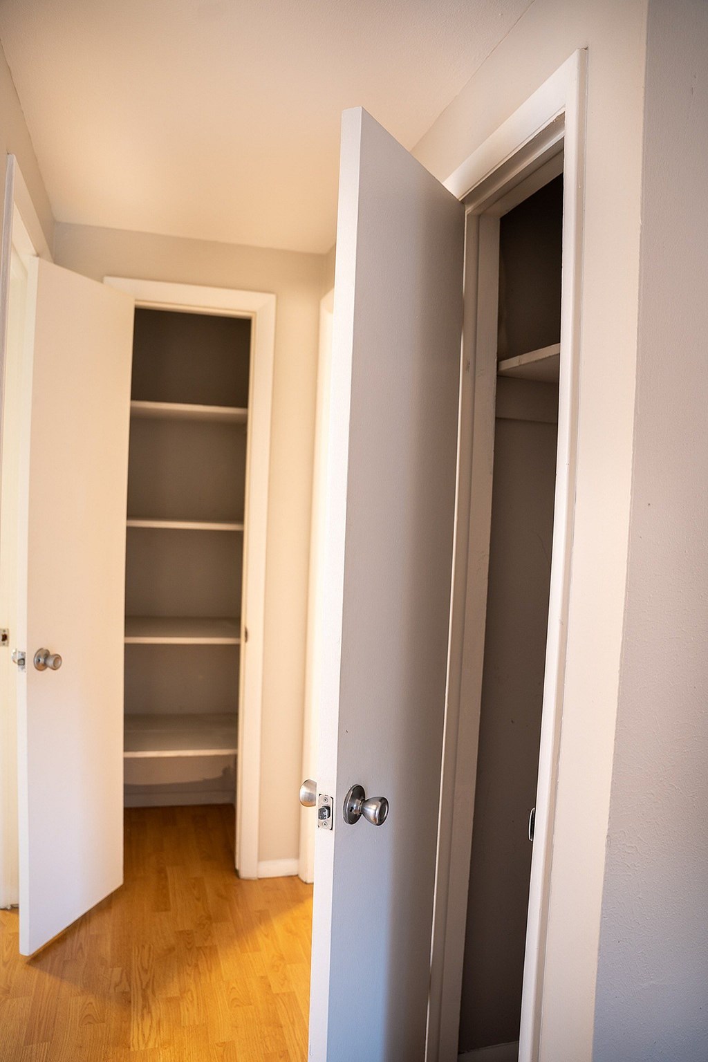 A white door is open to a room with shelves.