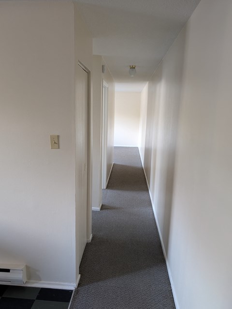 A long hallway with a checkered floor.