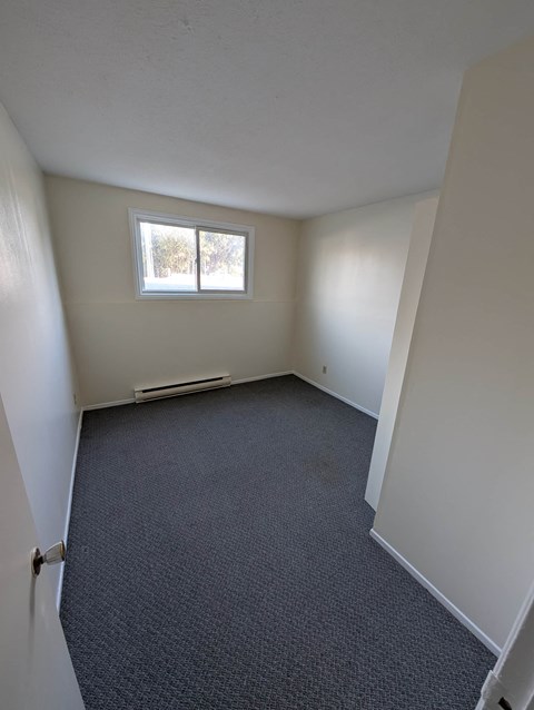 A room with a carpeted floor and a window.
