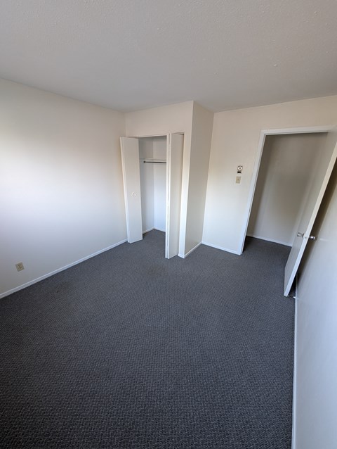 A room with carpeted floor and two open doors.