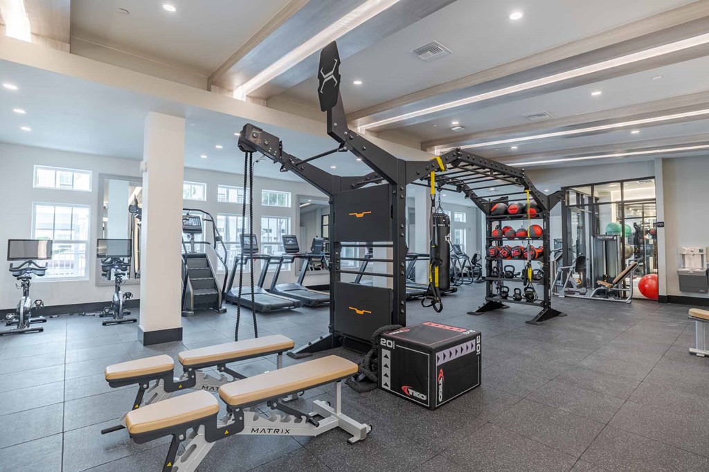 A gym with a variety of equipment including a squat rack and a bench.