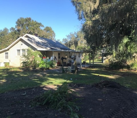A house with a grey roof and a brown fence is surrounded by greenery.