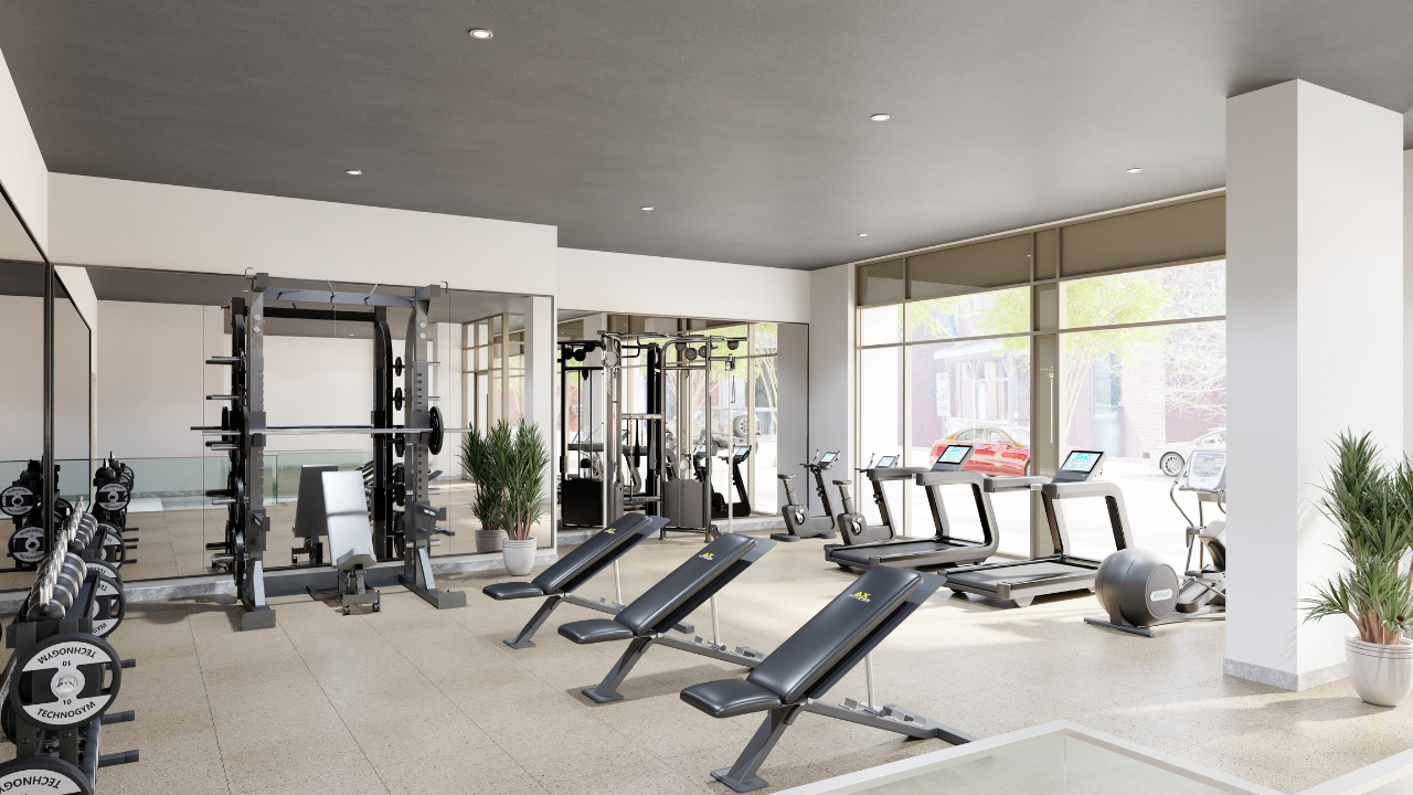 A gym with treadmills, weights, and exercise equipment.