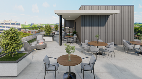 A modern outdoor patio with a fire pit and seating area.