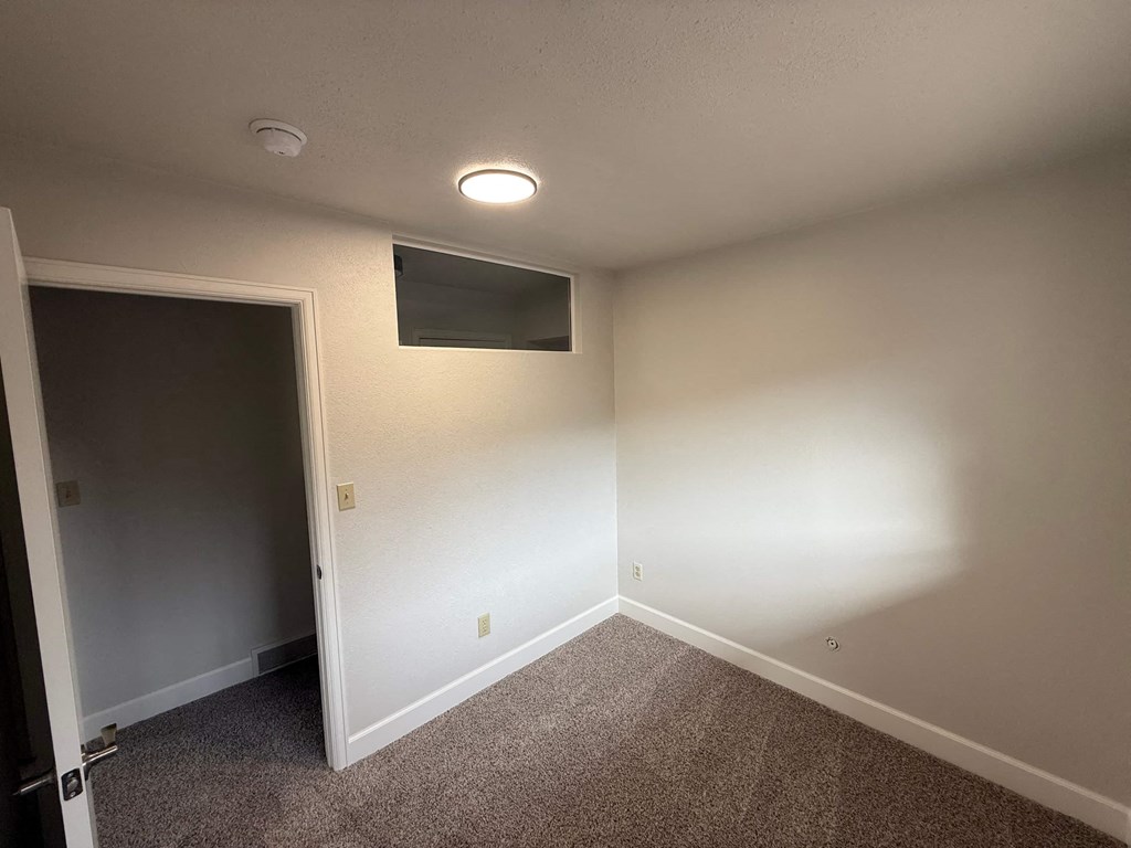 A room with a carpeted floor and a small window on the wall.
