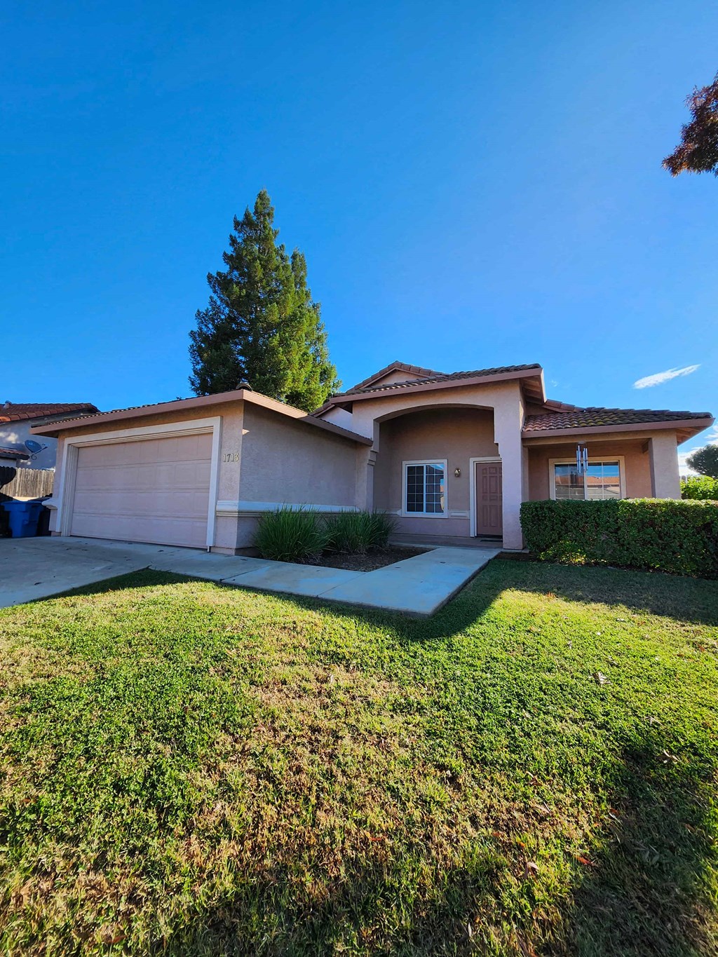 A house with a garage and a tree in the background.