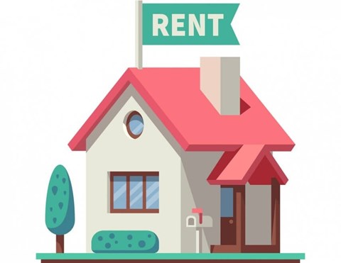 A cartoon image of a house with a red roof and a sign that says "RENT".