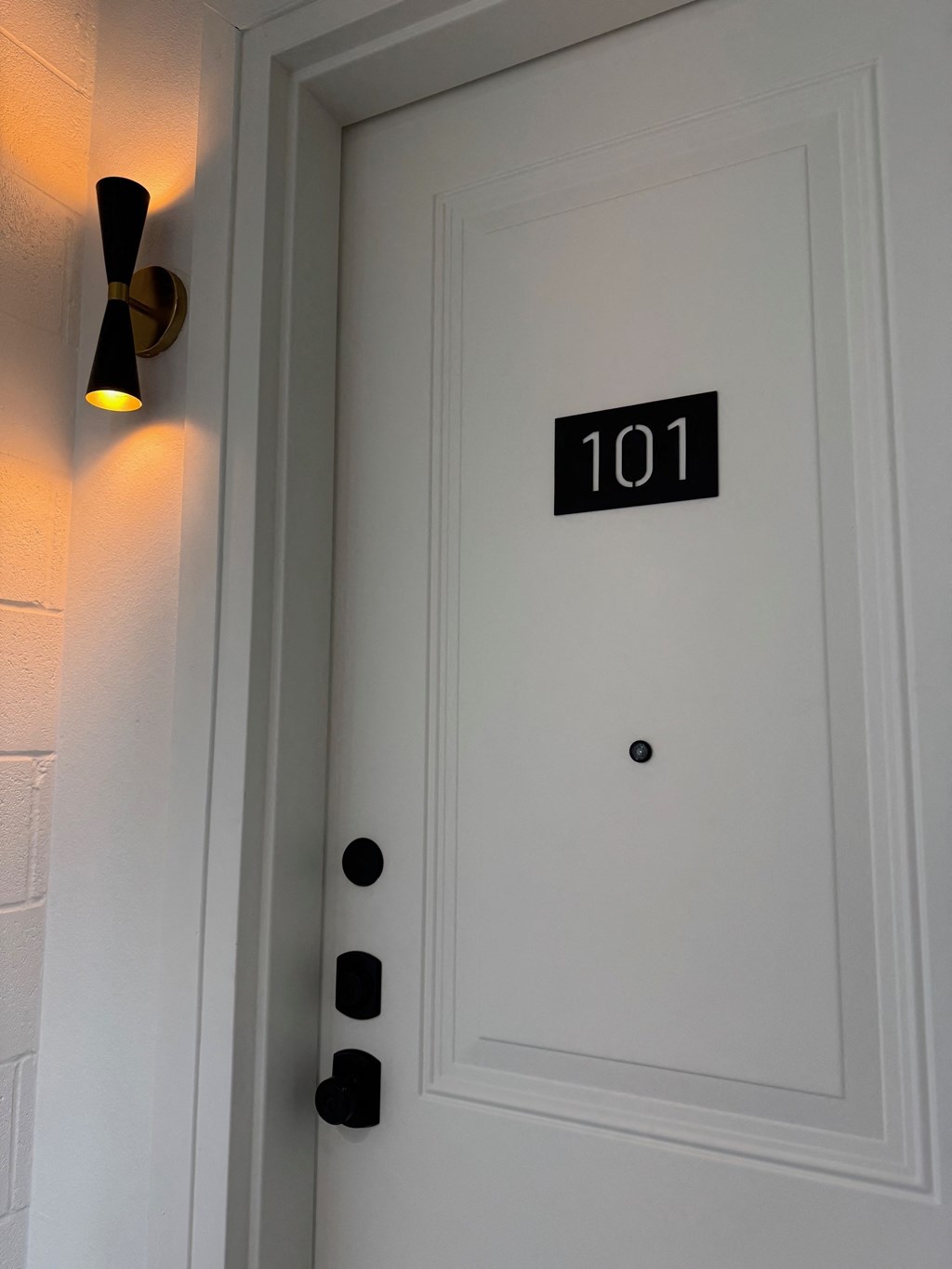 Door number 101 is white and has a black handle.