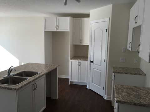 A kitchen with a sink and cabinets.