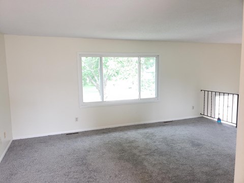A room with a carpeted floor and a window.