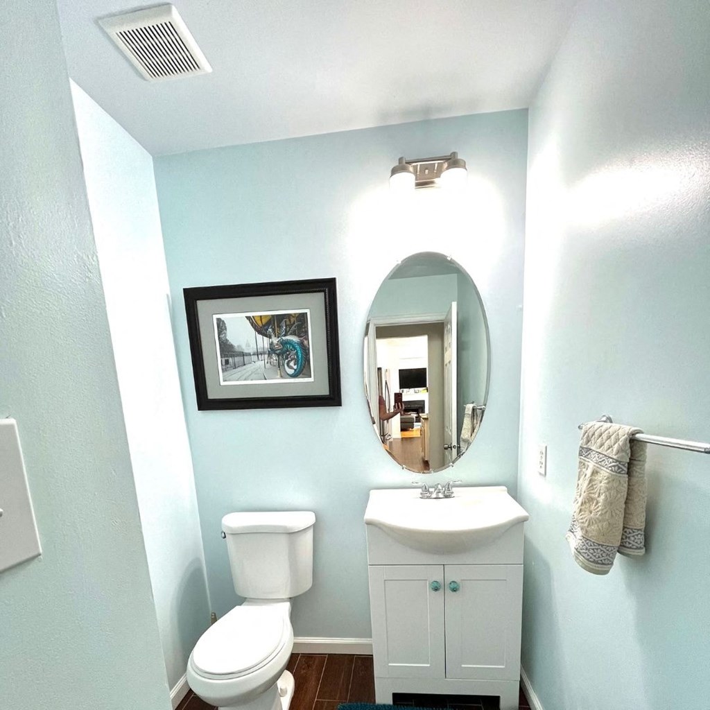 A bathroom with a toilet, sink, mirror, and a picture on the wall.