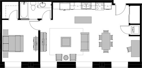 A black and white floor plan of a house with a kitchen, living room, and bathroom.