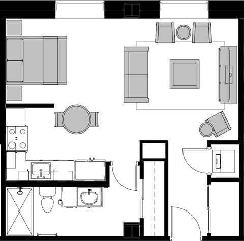 A floor plan of a house with a kitchen, living room, and bathroom.