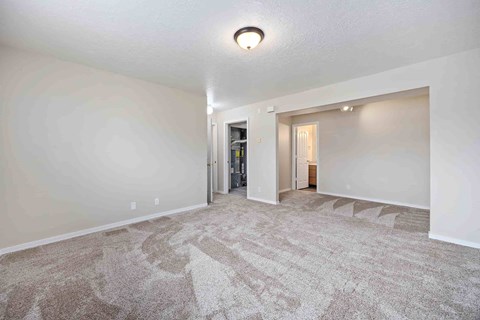 A spacious room with a carpeted floor and a ceiling light.