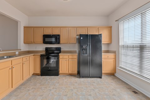 A kitchen with a black refrigerator and a black oven.