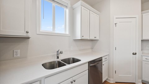 A kitchen with white cabinets and a stainless steel sink.