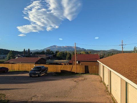 A black car is parked in a driveway.