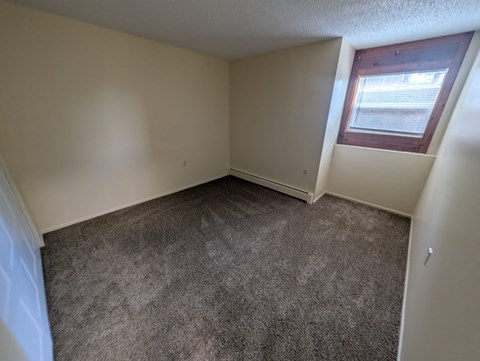 A room with a carpeted floor and a window with blinds.