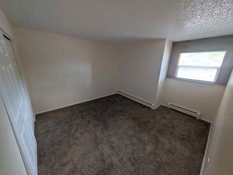 A room with a carpeted floor and a window.