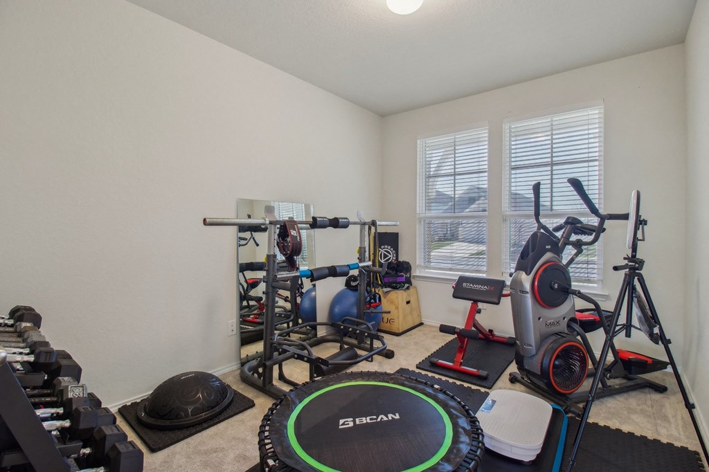 A room with exercise equipment and a Bose logo on the mat.