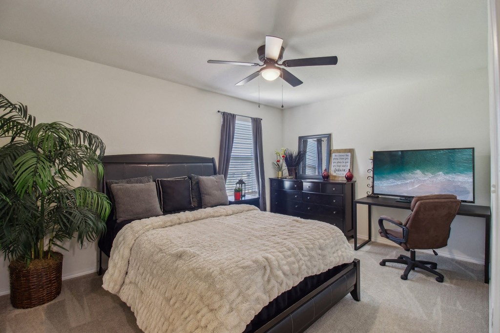 A bedroom with a bed, desk, chair, and plant.