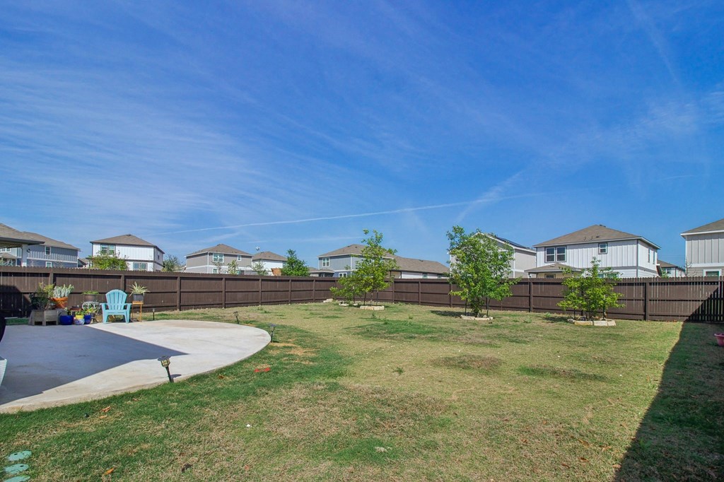A backyard with a fence and a tree.
