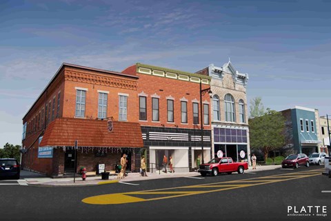 A street view of a building with the word "PLATTE" on the bottom right corner.
