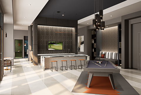 A modern living room with a pool table and a television.