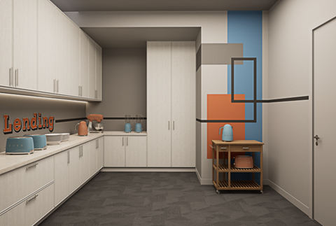 A kitchen with a table and a cabinet with a sign that says "Lending".