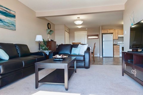 A living room with a black leather couch, a wooden coffee table, and a television.