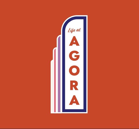 A graphic with the text "life at AGORA" on a red background.
