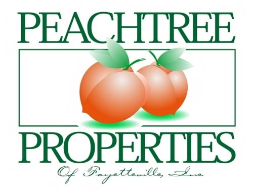A logo for Peachtree Properties of Peachtville, GA features two peaches.